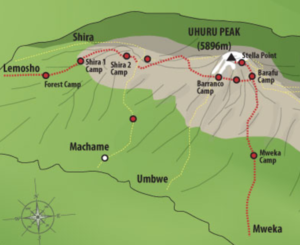 Karta över Lemosho-leden uppför Kilimanjaro