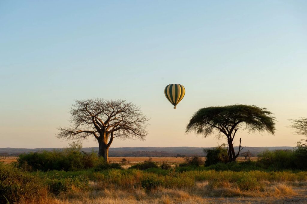 Luftballong i horisonten i Ruaha nationalpark, Tanzania