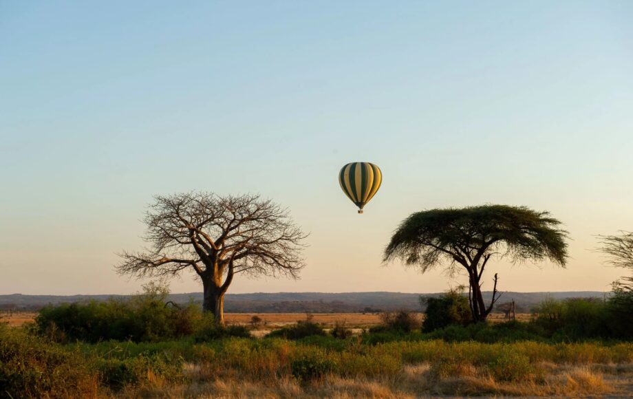 Luftballong i horisonten i Ruaha nationalpark, Tanzania
