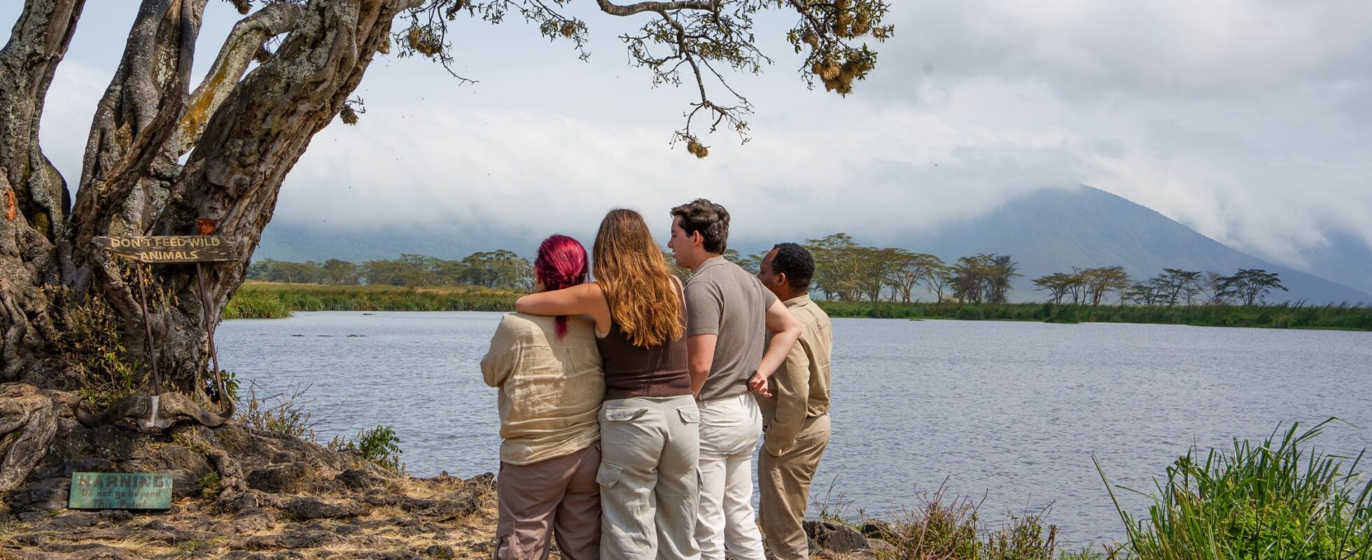 Fyra människor som arm i arm betraktar naturen
